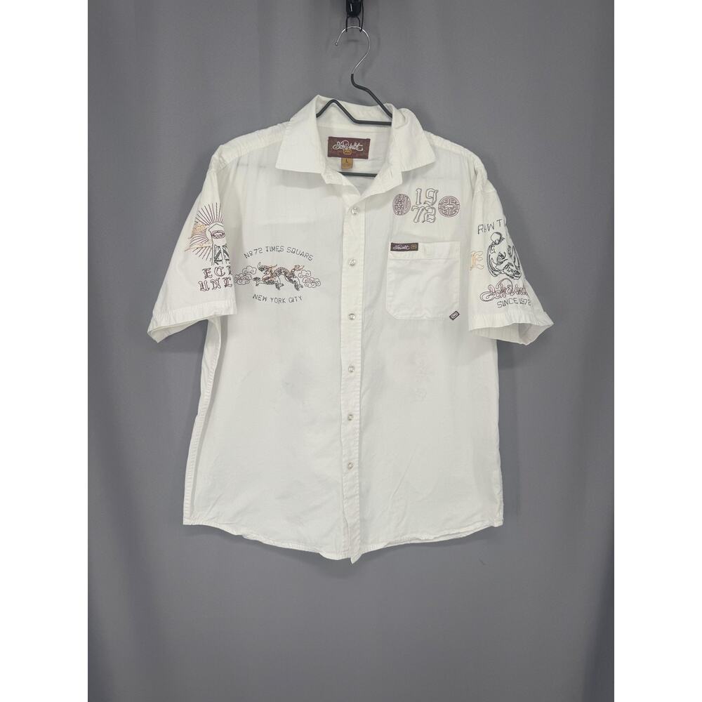 Ecko Unltd Shirt Mens Large White Embroider Short Sleeve Button Streetwear Y2K